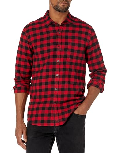 Amazon Essentials Herren Schmal Geschnittenes, Langärmliges Flanellhemd Mit Knopfleiste, Kariert, Schwarz Rot Buffalokaros, M von Amazon Essentials
