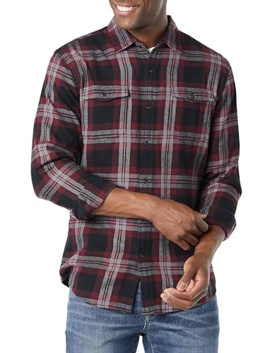 Amazon Essentials Herren Schmal geschnittenes Flanellhemd mit Langen Ärmeln und 2 Taschen, Schwarz Burgunderrot Karo, XL von Amazon Essentials