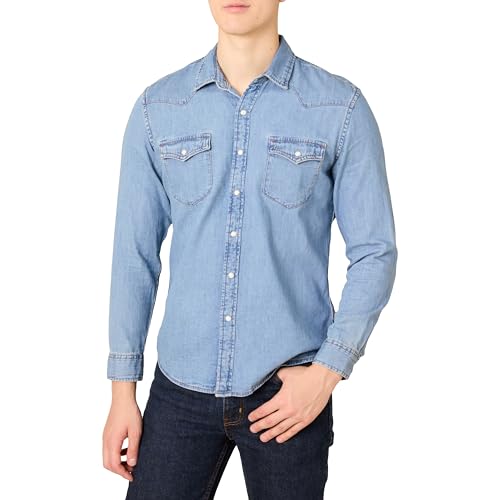 Amazon Essentials Herren Slim-Fit-Jeanshemd Mit Langen Ärmeln Und Druckknöpfen, Hellblau, L von Amazon Essentials