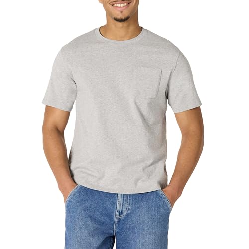 Amazon Essentials Herren T-Shirt aus Schwerer Baumwolle mit Tasche in lockerer Passform, Mittelgrau Meliert, L von Amazon Essentials