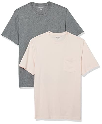 Amazon Essentials Herren T-Shirt mit kurzen Ärmeln, Rundhalsausschnitt und Tasche in normaler Passform, 2er-Pack, Blassrosa/Grau Meliert, M von Amazon Essentials