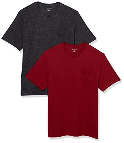 Amazon Essentials Herren T-Shirt mit kurzen Ärmeln, Rundhalsausschnitt und Tasche in normaler Passform, 2er-Pack, Burgunderrot/Dunkelgrau Meliert, L von Amazon Essentials