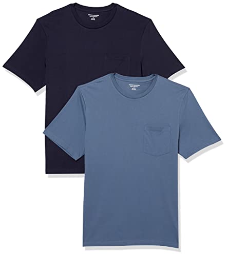 Amazon Essentials Herren T-Shirt mit kurzen Ärmeln, Rundhalsausschnitt und Tasche in normaler Passform, 2er-Pack, Dunkelblau/Marineblau, XS von Amazon Essentials