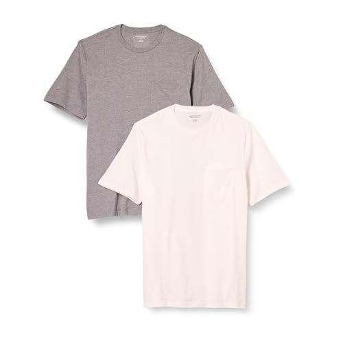 Amazon Essentials Herren T-Shirt mit kurzen Ärmeln, Rundhalsausschnitt und Tasche in normaler Passform, 2er-Pack, Grau Meliert/Weiß, L von Amazon Essentials
