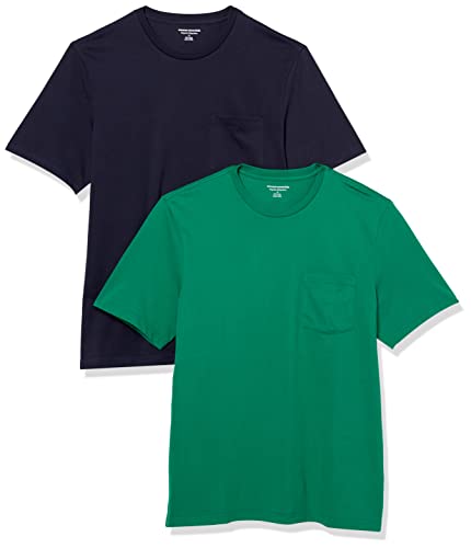 Amazon Essentials Herren T-Shirt mit kurzen Ärmeln, Rundhalsausschnitt und Tasche in normaler Passform, 2er-Pack, Grün/Marineblau, XXL von Amazon Essentials