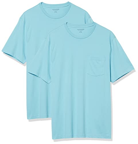 Amazon Essentials Herren T-Shirt mit kurzen Ärmeln, Rundhalsausschnitt und Tasche in normaler Passform, 2er-Pack, Hellblau, XS von Amazon Essentials