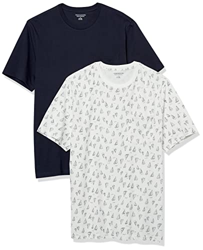Amazon Essentials Herren T-Shirt mit kurzen Ärmeln, Rundhalsausschnitt und Tasche in normaler Passform, 2er-Pack, Grau Bootsmuster/Marineblau, XS von Amazon Essentials