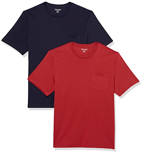 Amazon Essentials Herren T-Shirt mit kurzen Ärmeln, Rundhalsausschnitt und Tasche in normaler Passform, 2er-Pack, Dunkelrot/Marineblau, XS von Amazon Essentials