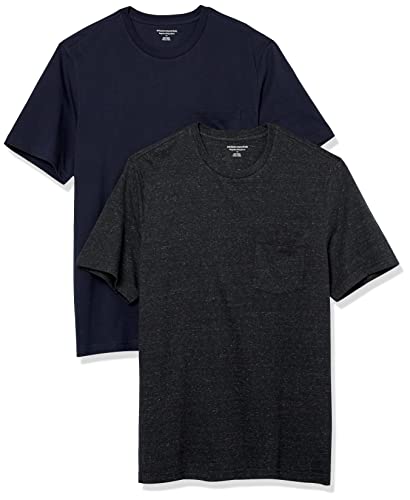 Amazon Essentials Herren T-Shirt mit kurzen Ärmeln, Rundhalsausschnitt und Tasche in normaler Passform, 2er-Pack, Dunkelgrau Meliert/Marineblau, XS von Amazon Essentials
