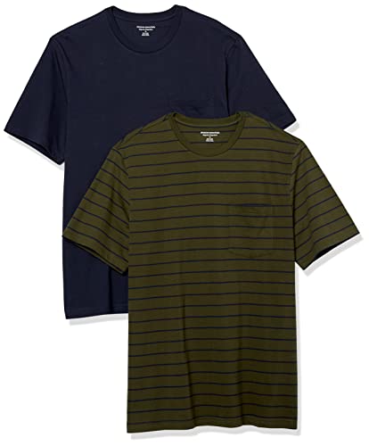 Amazon Essentials Herren T-Shirt mit kurzen Ärmeln, Rundhalsausschnitt und Tasche in normaler Passform, 2er-Pack, Marineblau/Olivgrün Streifen, M von Amazon Essentials