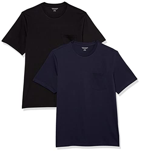 Amazon Essentials Herren T-Shirt mit kurzen Ärmeln, Rundhalsausschnitt und Tasche in normaler Passform, 2er-Pack, Marineblau/Schwarz, XL von Amazon Essentials