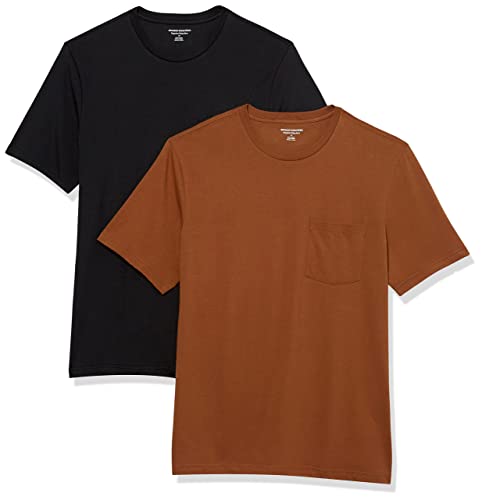 Amazon Essentials Herren T-Shirt mit kurzen Ärmeln, Rundhalsausschnitt und Tasche in normaler Passform, 2er-Pack, Braun/Schwarz, S von Amazon Essentials