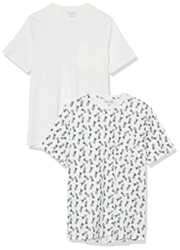 Amazon Essentials Herren T-Shirt mit kurzen Ärmeln, Rundhalsausschnitt und Tasche in normaler Passform, 2er-Pack, Ananasaufdruck/Weiß, XL von Amazon Essentials