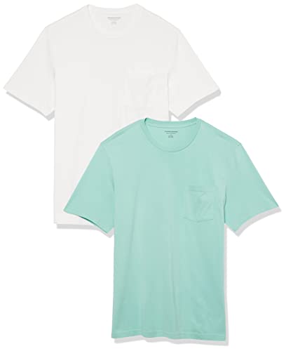 Amazon Essentials Herren T-Shirt mit kurzen Ärmeln, Rundhalsausschnitt und Tasche in normaler Passform, 2er-Pack, Aquagrün/Weiß, XXL von Amazon Essentials