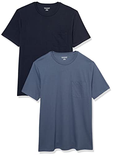 Amazon Essentials Herren T-Shirt mit kurzen Ärmeln, Rundhalsausschnitt und Tasche in schmaler Passform, 2er-Pack, Dunkelblau/Marineblau, M von Amazon Essentials