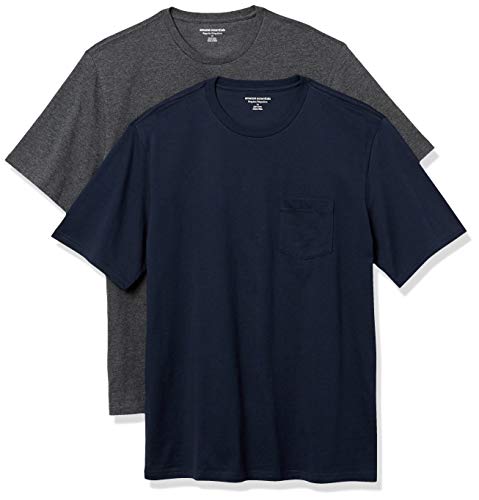 Amazon Essentials Herren T-Shirt mit kurzen Ärmeln, Rundhalsausschnitt und Tasche in schmaler Passform, 2er-Pack, Dunkelgrau Meliert/Marineblau, XXL von Amazon Essentials