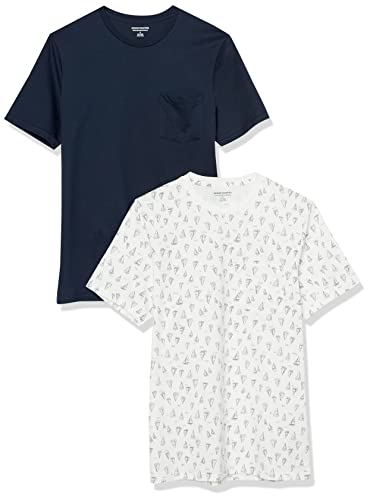 Amazon Essentials Herren T-Shirt mit kurzen Ärmeln, Rundhalsausschnitt und Tasche in schmaler Passform, 2er-Pack, Marineblau/Bootsmuster, L von Amazon Essentials