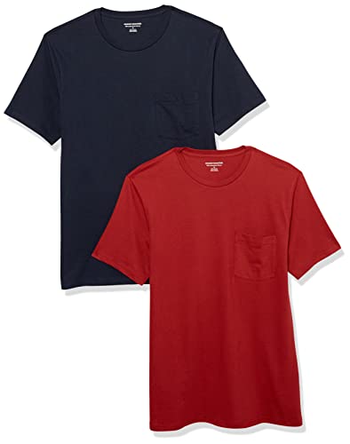Amazon Essentials Herren T-Shirt mit kurzen Ärmeln, Rundhalsausschnitt und Tasche in schmaler Passform, 2er-Pack, Marineblau/Dunkelrot, XL von Amazon Essentials