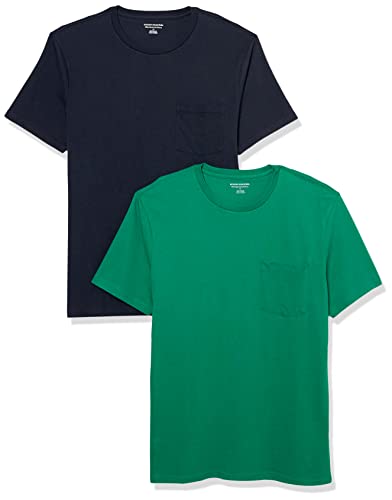 Amazon Essentials Herren T-Shirt mit kurzen Ärmeln, Rundhalsausschnitt und Tasche in schmaler Passform, 2er-Pack, Marineblau/Grün, L von Amazon Essentials