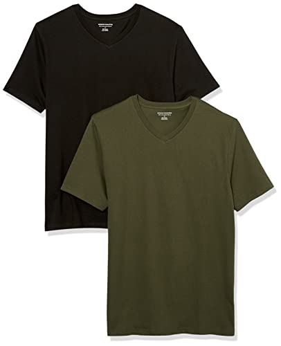 Amazon Essentials Herren Kurzärmelige T-Shirts mit V-Ausschnitt, 2er-Pack, Dunkles Olivgrün/Schwarz, M von Amazon Essentials