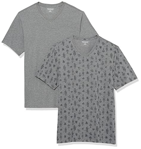 Amazon Essentials Herren Kurzärmelige T-Shirts mit V-Ausschnitt, 2er-Pack, Grau Meliert Kaktusmuster, XL von Amazon Essentials