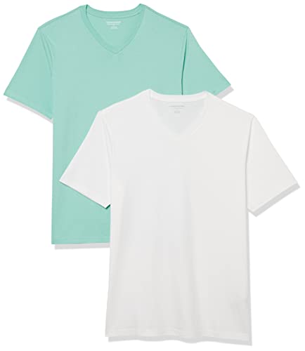 Amazon Essentials Herren Kurzärmelige T-Shirts mit V-Ausschnitt, 2er-Pack, Minzgrün/Weiß, L von Amazon Essentials