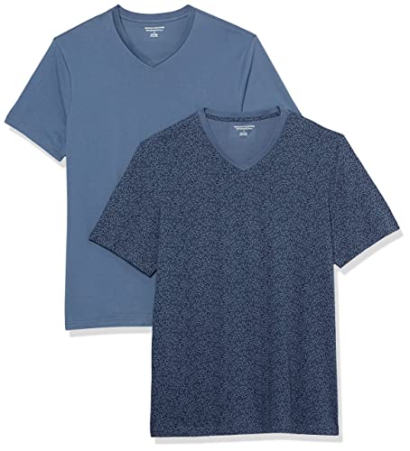 Amazon Essentials Herren Kurzärmelige T-Shirts mit V-Ausschnitt, 2er-Pack, Verwaschenes Blau/Blumenaufdruck, M von Amazon Essentials