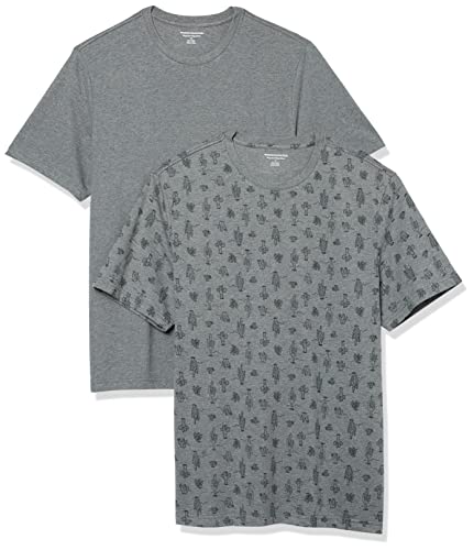 Amazon Essentials Herren Kurzärmeliges T-Shirt mit Rundhalsausschnitt aus Baumwolle – Regular Fit, 2er-Pack, Grau Meliert/Kaktus, S von Amazon Essentials