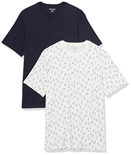 Amazon Essentials Herren Kurzärmeliges T-Shirt mit Rundhalsausschnitt aus Baumwolle – Regular Fit, 2er-Pack, Marineblau/Weiß Bootsmuster, S von Amazon Essentials