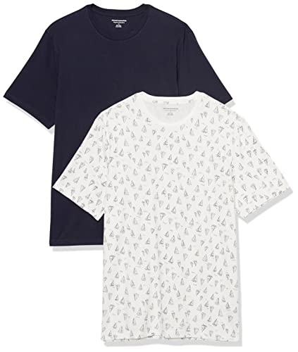 Amazon Essentials Herren T-Shirt mit kurzen Ärmeln und Rundhalsausschnitt in normaler Passform, 2er-Pack, Marineblau/Weiß Bootsmuster, XS von Amazon Essentials