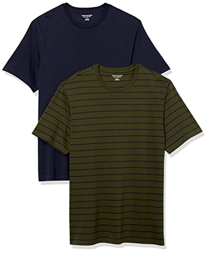 Amazon Essentials Herren Kurzärmeliges T-Shirt mit Rundhalsausschnitt aus Baumwolle – Regular Fit, 2er-Pack, Marineblau/Olivgrün Streifen, XS von Amazon Essentials