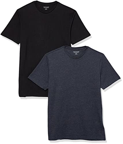 Amazon Essentials Herren Kurzärmeliges T-Shirt mit Rundhalsausschnitt aus Baumwolle – Regular Fit, 2er-Pack, Marineblau Heidekraut/Schwarz, XS von Amazon Essentials