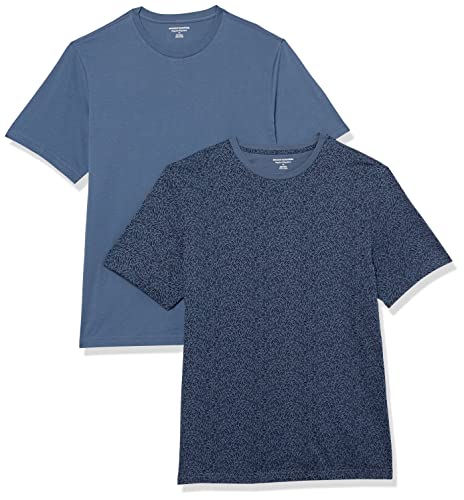 Amazon Essentials Herren Kurzärmeliges T-Shirt mit Rundhalsausschnitt aus Baumwolle – Regular Fit, 2er-Pack, Marineblau Blumenaufdruck/Verwaschenes Blau, S von Amazon Essentials