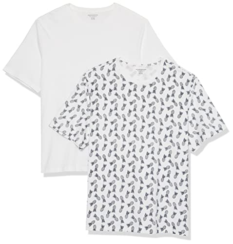 Amazon Essentials Herren T-Shirt mit kurzen Ärmeln und Rundhalsausschnitt in normaler Passform, 2er-Pack, Grellweiß/Weiß Ananasaufdruck, L von Amazon Essentials