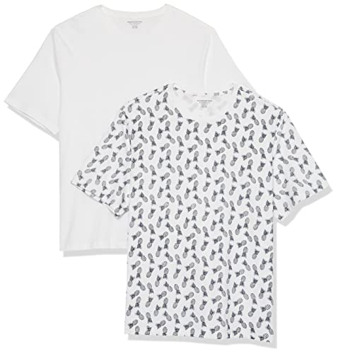 Amazon Essentials Herren Kurzärmeliges T-Shirt mit Rundhalsausschnitt aus Baumwolle – Regular Fit, 2er-Pack, Grellweiß/Weiß Ananasaufdruck, L von Amazon Essentials