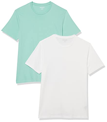 Amazon Essentials Herren T-Shirt mit kurzen Ärmeln und Rundhalsausschnitt in schmaler Passform, 2er-Pack, Aquablau/Weiß, L von Amazon Essentials