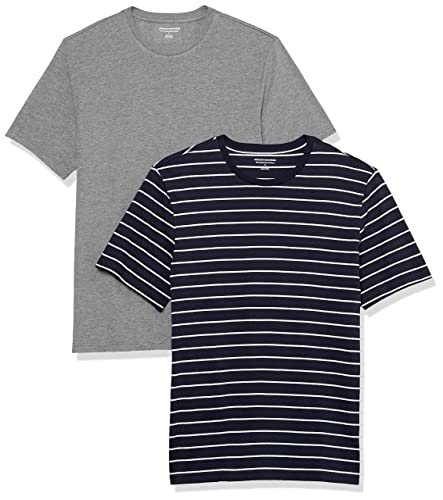 Amazon Essentials Herren T-Shirt mit kurzen Ärmeln und Rundhalsausschnitt in schmaler Passform, 2er-Pack, Grau Meliert/Marineblau Streifen, L von Amazon Essentials