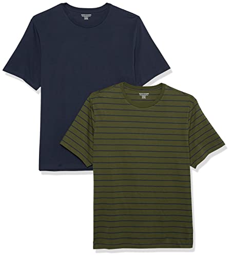 Amazon Essentials Herren T-Shirt mit kurzen Ärmeln und Rundhalsausschnitt in schmaler Passform, 2er-Pack, Marineblau/Olivgrün Streifen, L von Amazon Essentials