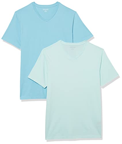 Amazon Essentials Herren Kurzärmelige T-Shirts mit V-Ausschnitt, 2er-Pack, Aquablau/Hellblau, L von Amazon Essentials