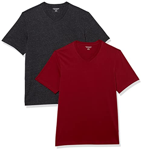 Amazon Essentials Herren Kurzärmelige T-Shirts mit V-Ausschnitt, 2er-Pack, Burgunderrot/Dunkelgrau Meliert, L von Amazon Essentials