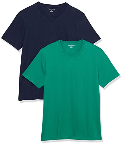 Amazon Essentials Herren T-Shirts mit V-Ausschnitt, 2er-Pack, Marineblau/Smaragdgrün, L von Amazon Essentials