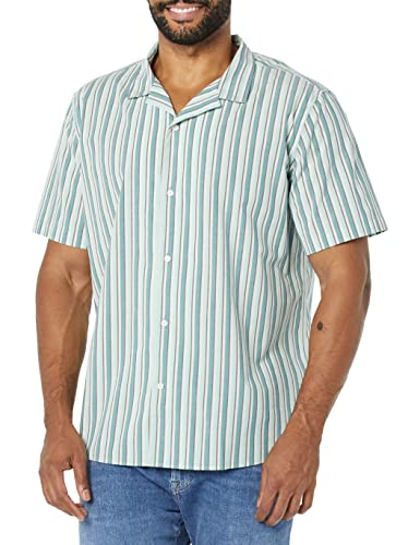 Amazon Essentials Herren Urlaubshemd Aus Baumwolle Mit Knopfleiste, Kurzärmelig, Hellblau Streifen, XL von Amazon Essentials
