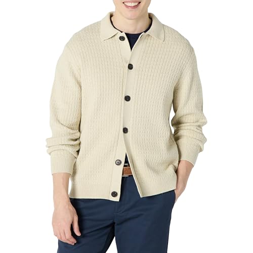 Amazon Essentials Herren Weite Strickjacke mit Kragen, Sand Heide, M von Amazon Essentials