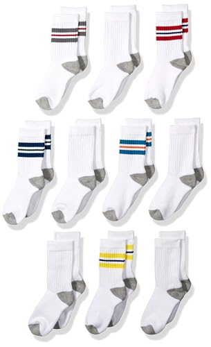 Amazon Essentials Jungen Gepolsterte Crew-Sportsocken Aus Baumwolle, 10 Paar, Weiß Streifen, 6-7 Jahre von Amazon Essentials