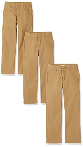 Amazon Essentials Jungen Einheitliche Khaki-Chinohose mit gerader Passform und flacher Vorderseite, 3er-Pack, Dunkles Khakibraun, 4 Jahre von Amazon Essentials