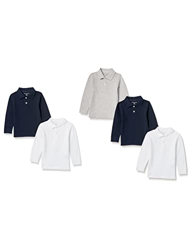 Amazon Essentials Jungen Einheitliche Piqué-Poloshirts mit Langen Ärmeln, 5er-Pack, Weiß/Marineblau/Grau Meliert, 8 Jahre von Amazon Essentials