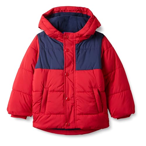 Amazon Essentials Jungen Schwere Pufferjacke mit Kapuze, Marineblau Rot Farbblock, 8 Jahre von Amazon Essentials