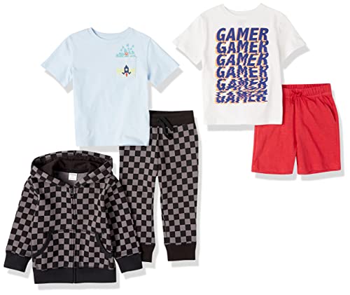 Amazon Essentials Jungen Jogginganzug, T-Shirts, Shorts Zum Kombinieren Outfit/Geschenksets, Blassblau/Rot/Schwarz Kariert/Weiß Videospieler, 4 Jahre von Amazon Essentials