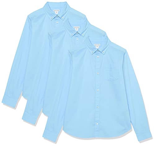 Amazon Essentials Jungen Langärmelige, gewebte Uniform-Hemden aus Stretch-Popeline mit Knopfleiste, 3er-Pack, Blau, 11-12 Jahre Große Größen von Amazon Essentials