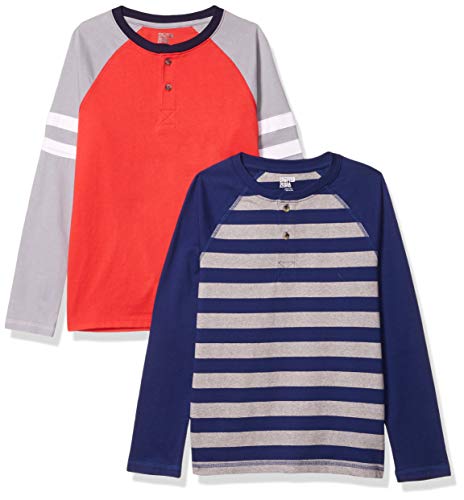 Amazon Essentials Jungen Langärmelige Henley-T-Shirts (Früher Spotted Zebra), 2er-Pack, Grau Streifen/Orange, 2 Jahre von Amazon Essentials